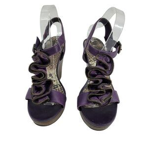 Vintage 90s Gianni Bini Platform‎ Heels 9 Purple Leather Zipper Ruffle Steampunk